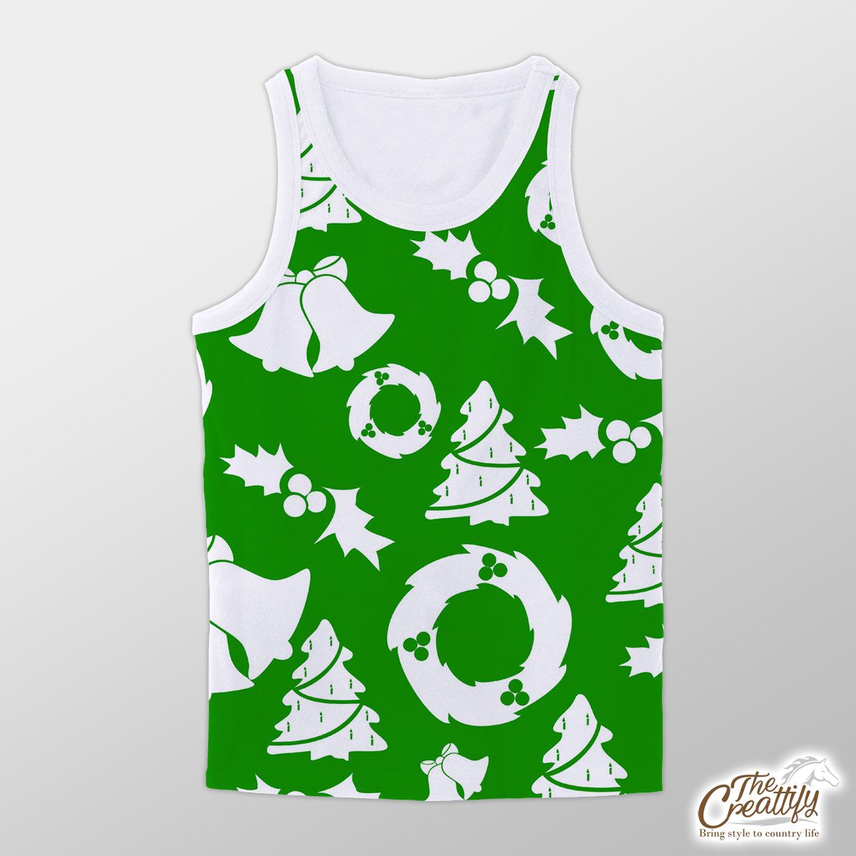 Christmas Wreath, Holly Leaf, Pine Tree And Bells On Green Unisex Tank Top