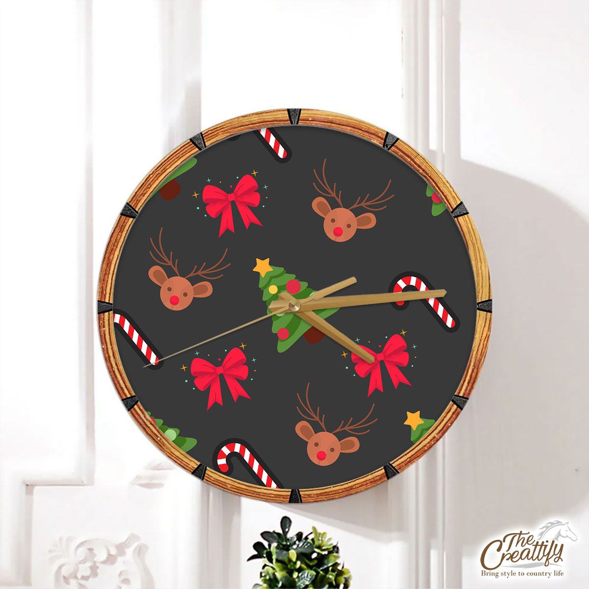 Christmas Tree, Candy Canes, Bow And Reindeer Wall Clock