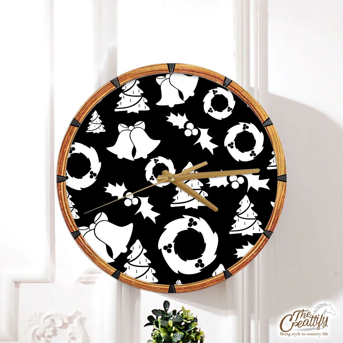 Christmas Wreath, Holly Leaf, Pine Tree And Bells On Black Wall Clock