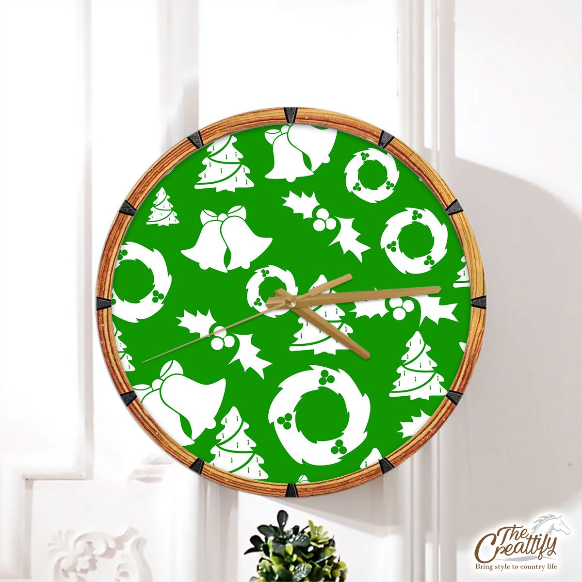 Christmas Wreath, Holly Leaf, Pine Tree And Bells On Green Wall Clock