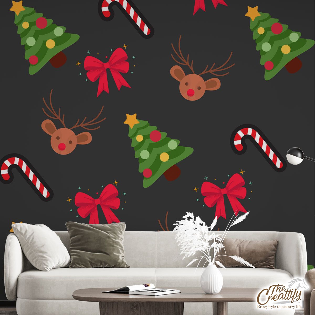 Christmas Tree, Candy Canes, Bow And Reindeer Wall Mural