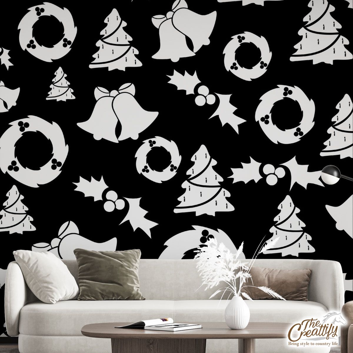 Christmas Wreath, Holly Leaf, Pine Tree And Bells On Black Wall Mural