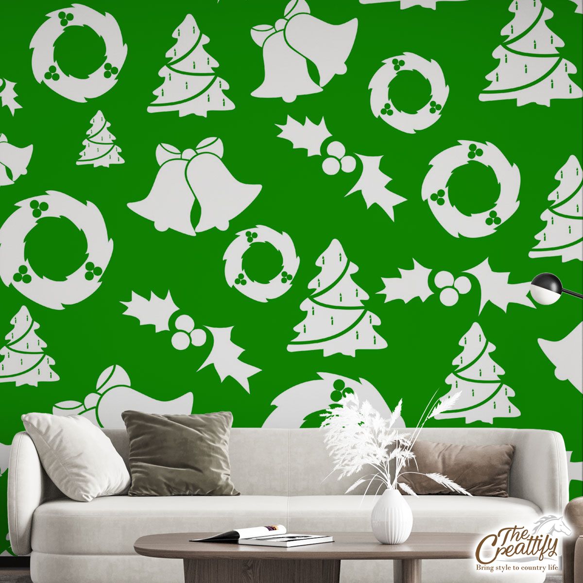 Christmas Wreath, Holly Leaf, Pine Tree And Bells On Green Wall Mural