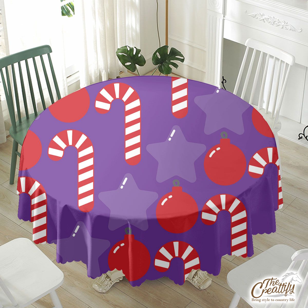 Candy Canes, Christmas Star, Christmas Balls Waterproof Tablecloth