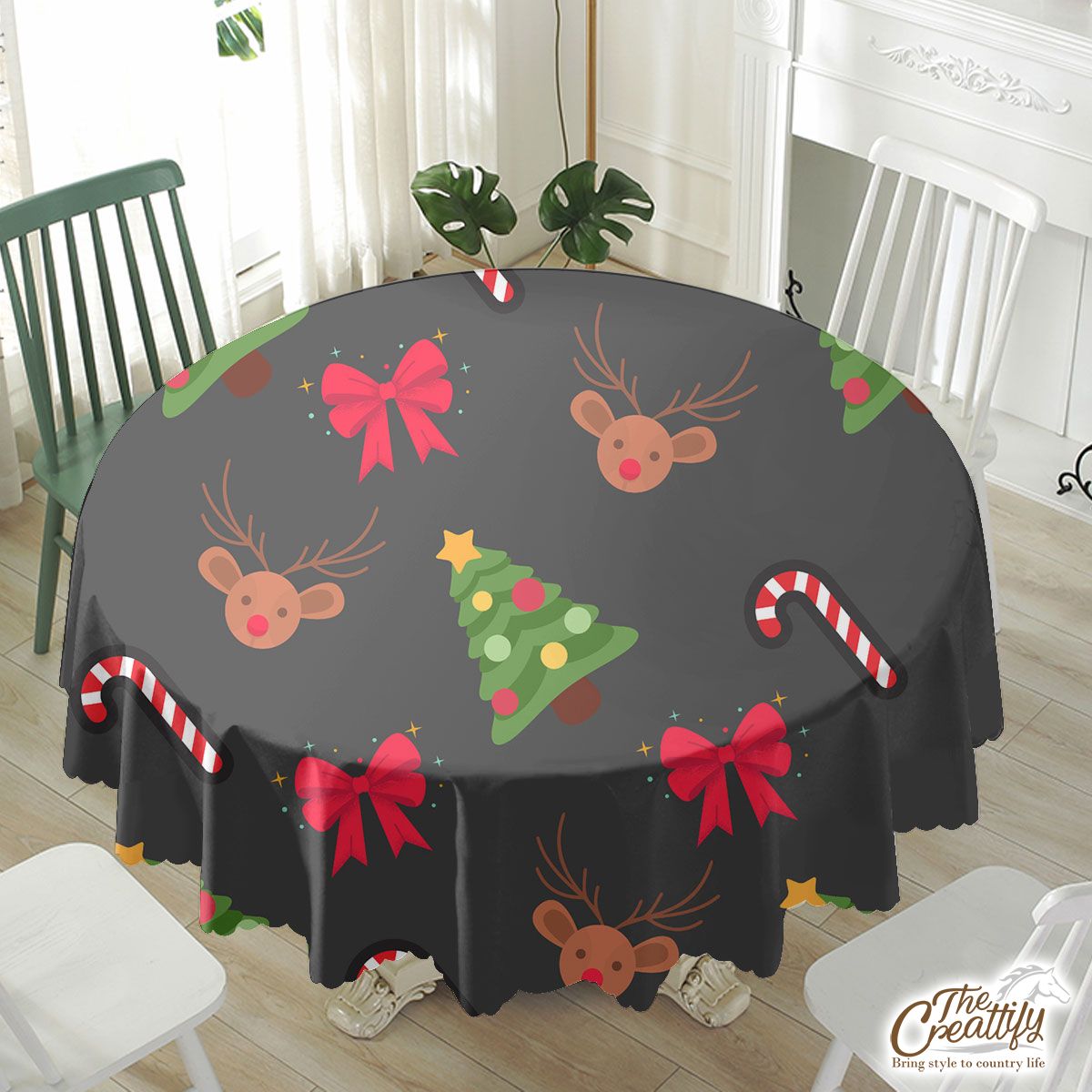 Christmas Tree, Candy Canes, Bow And Reindeer Waterproof Tablecloth