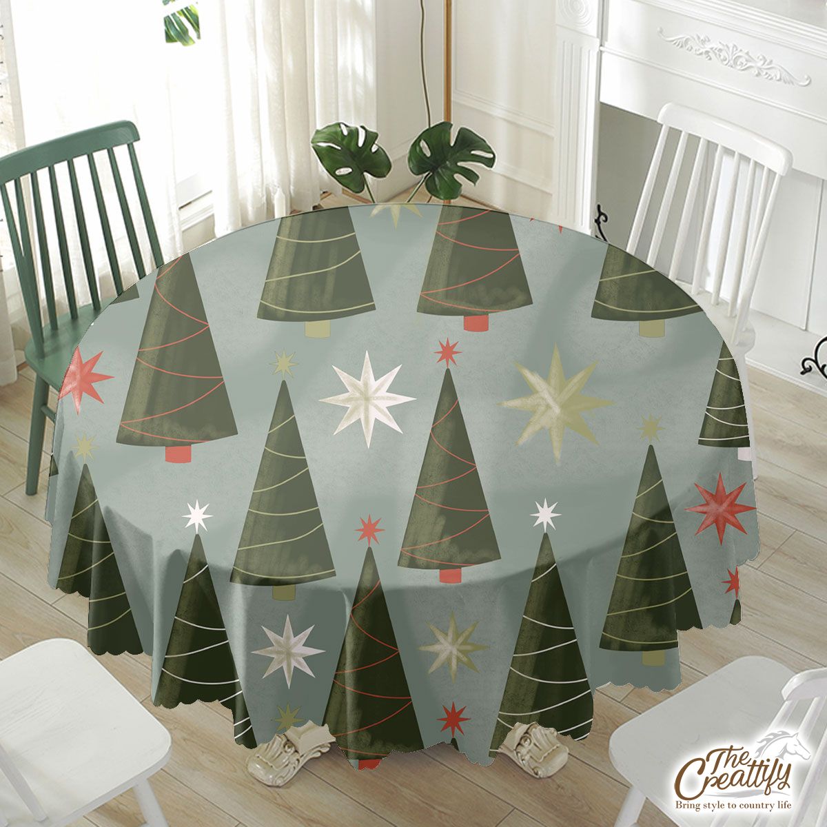 Christmas Tree, Pine Tree And Christmas Tree Star Waterproof Tablecloth