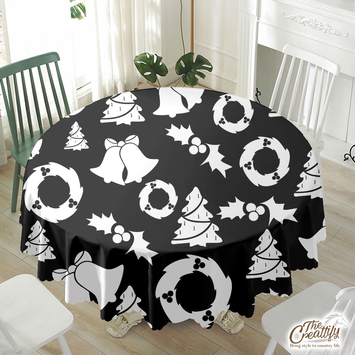 Christmas Wreath, Holly Leaf, Pine Tree And Bells On Black Waterproof Tablecloth