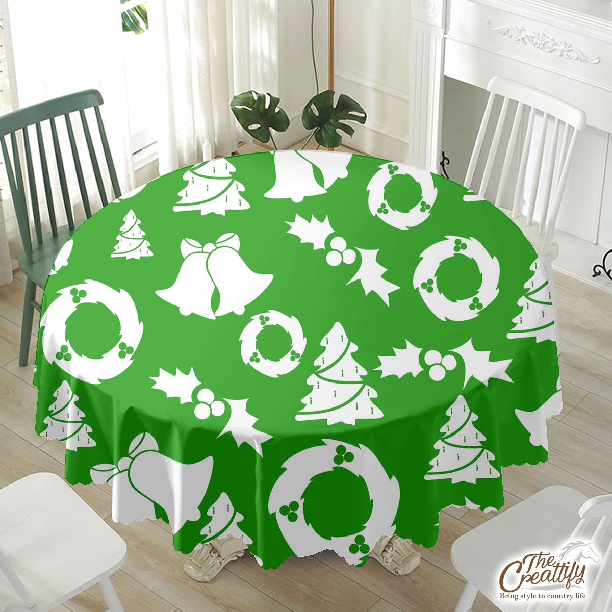 Christmas Wreath, Holly Leaf, Pine Tree And Bells On Green Waterproof Tablecloth