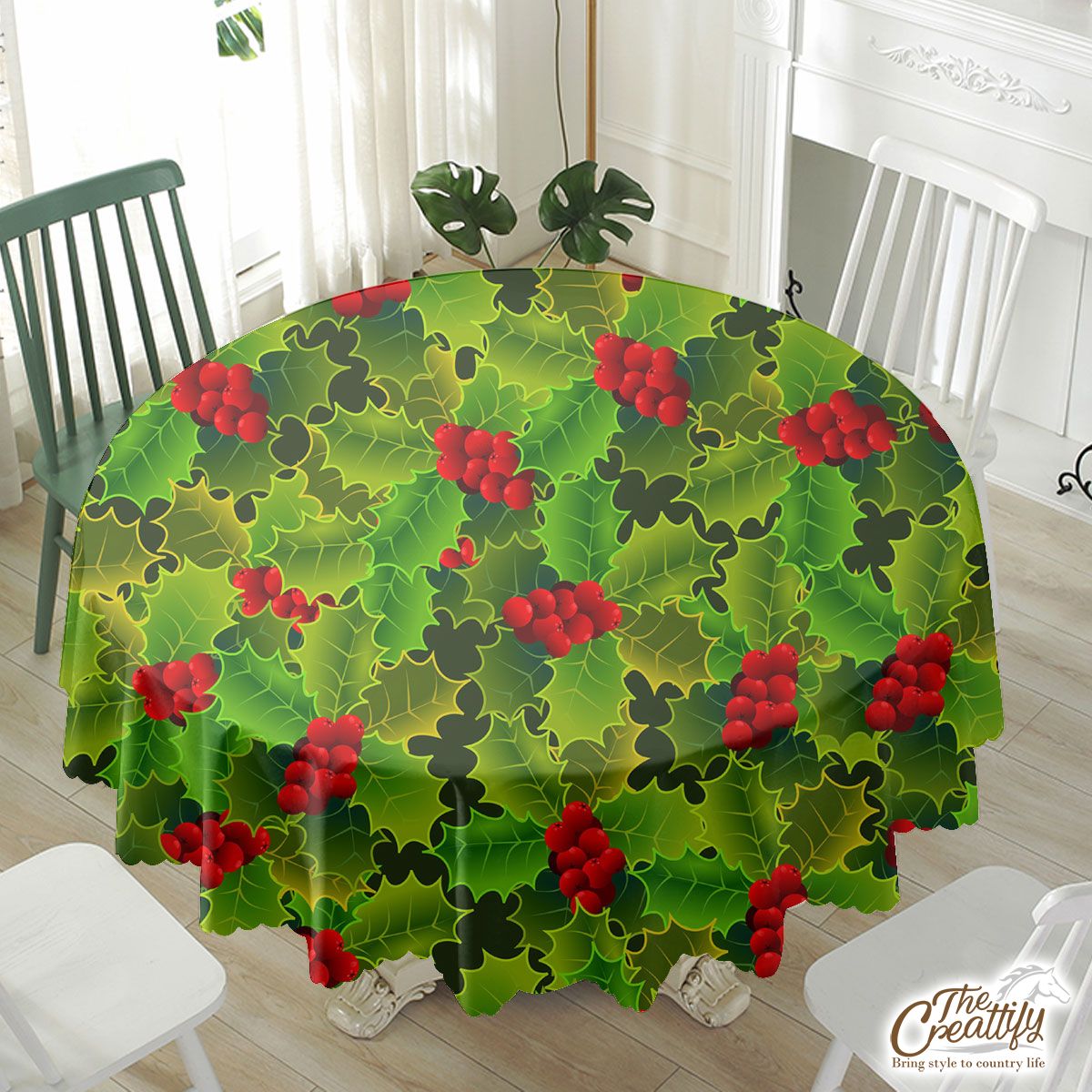 Holly Leaf, Oak Leaf Holly, Holly Berries Waterproof Tablecloth