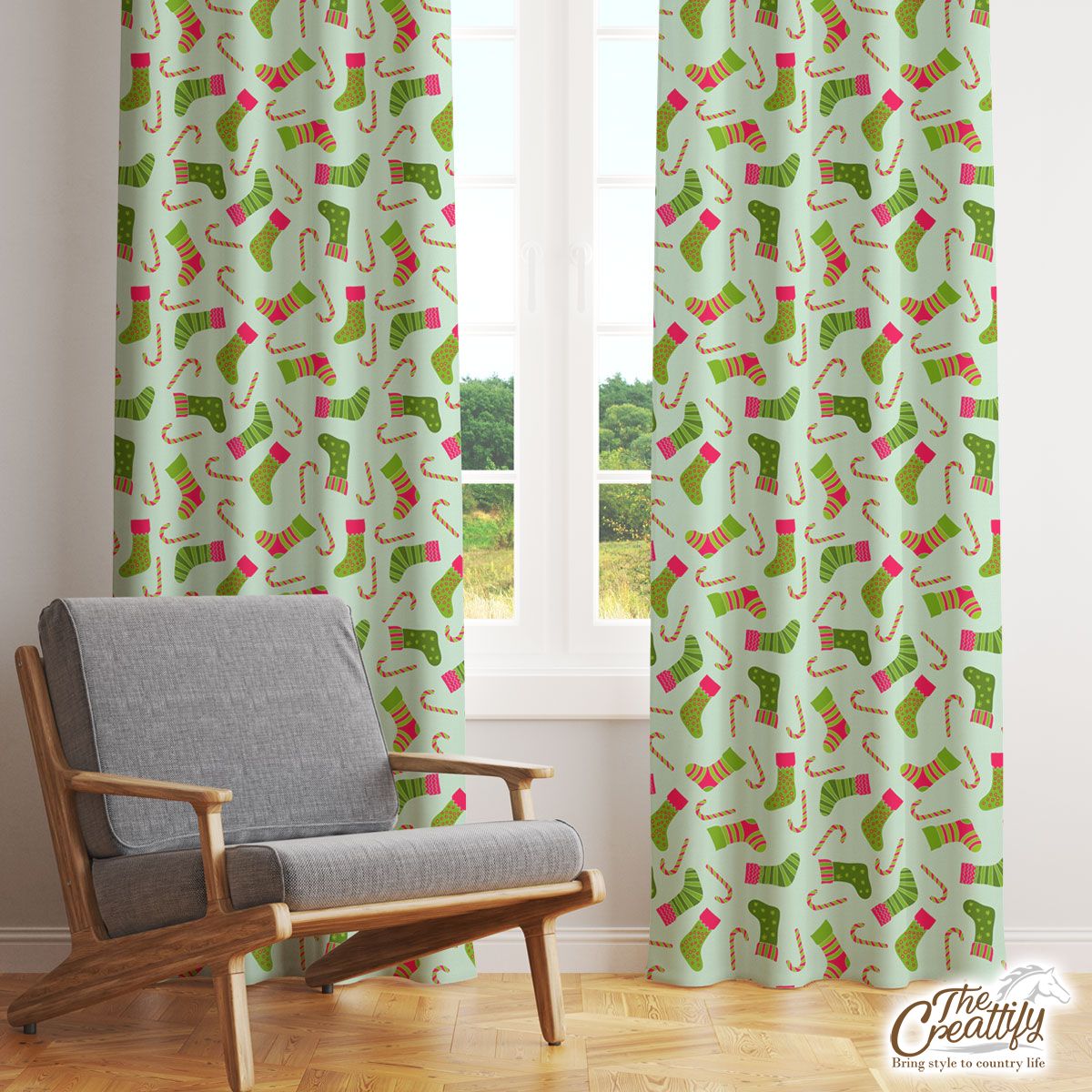 Christmas Socks, Colorful Socks And Candy Canes Window Curtain