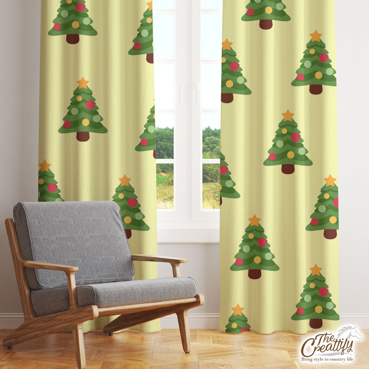Christmas Tree, Pine Tree, Christmas Balls Window Curtain