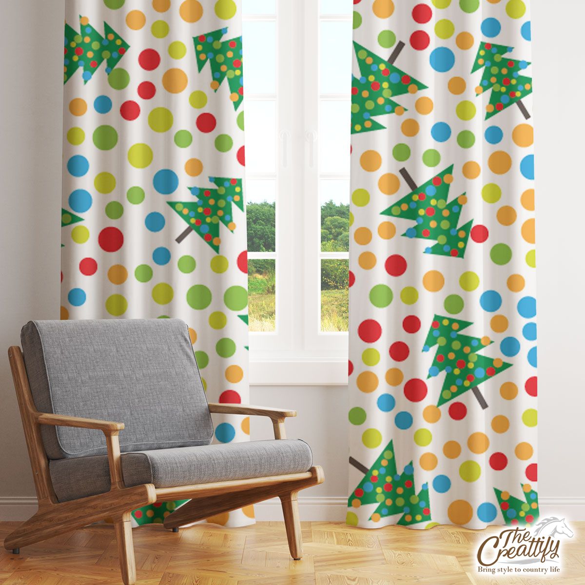 Christmas Tree, Pine Tree, Snowflake Colorful Window Curtain