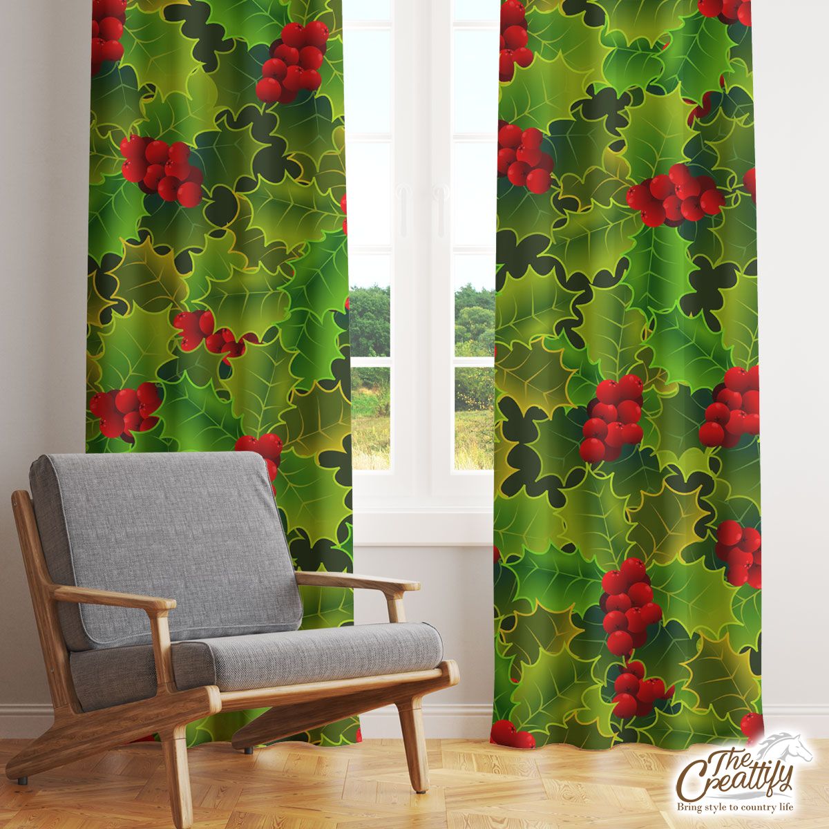 Holly Leaf, Oak Leaf Holly, Holly Berries Window Curtain