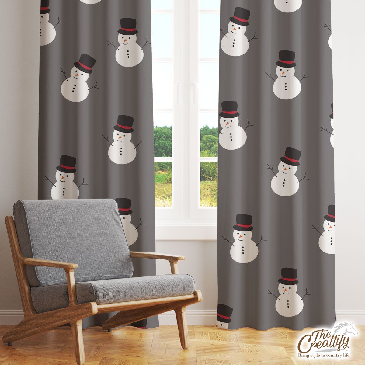 Snowman, Christmas Snowman, Snowman Hat on Dark Color Window Curtain