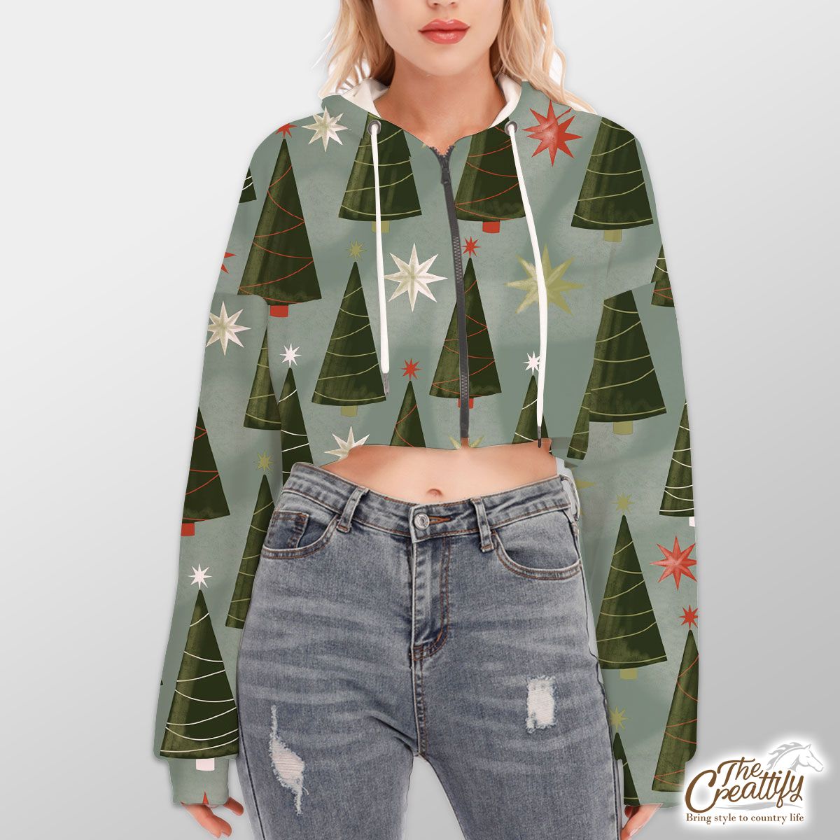 Christmas Tree, Pine Tree And Christmas Tree Star Hoodie With Zipper Closure