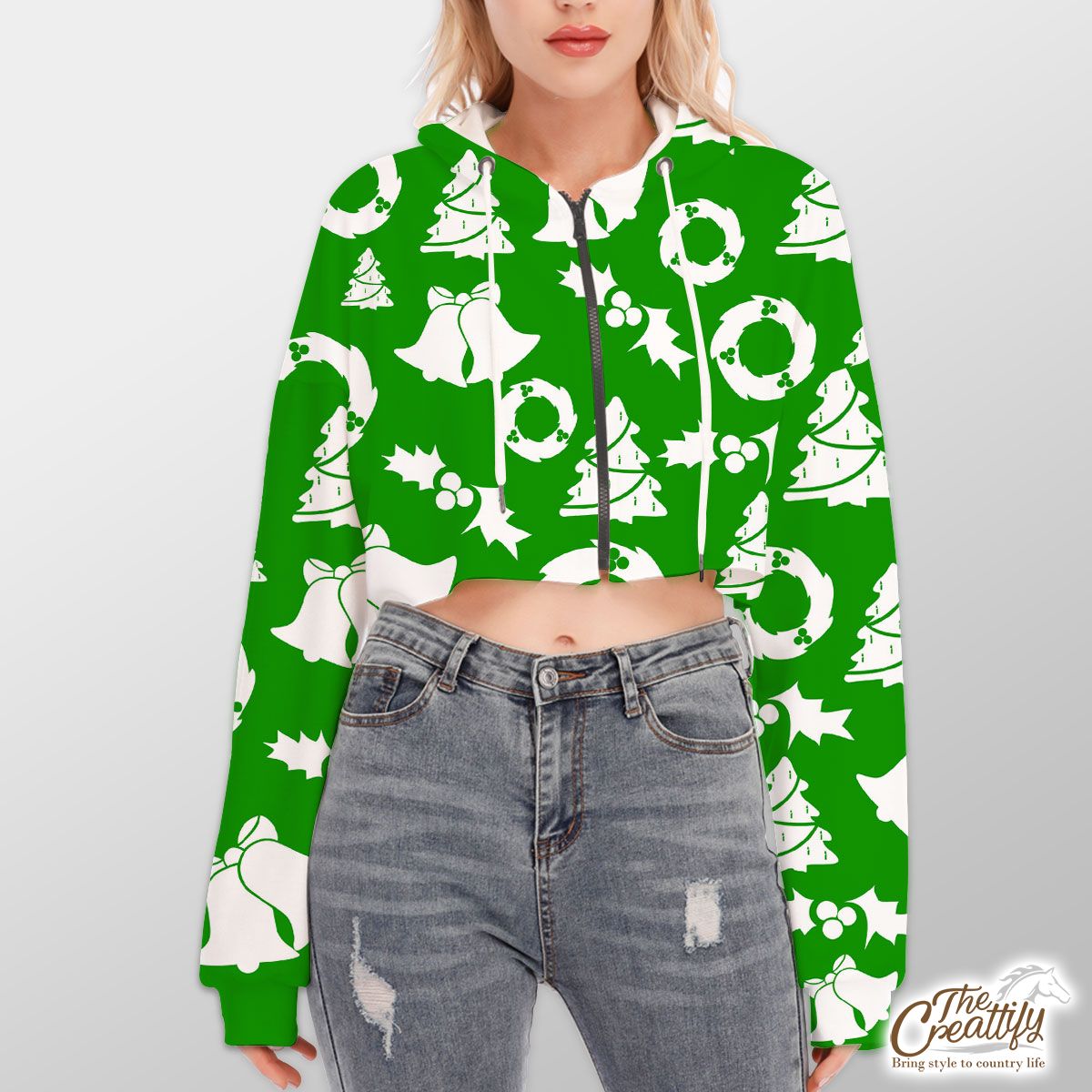 Christmas Wreath, Holly Leaf, Pine Tree And Bells On Green Hoodie With Zipper Closure
