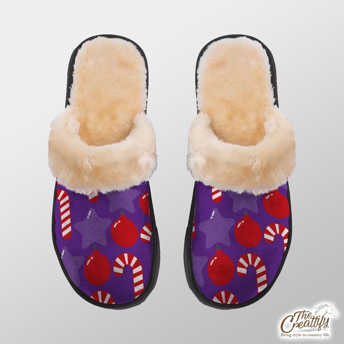 Candy Canes, Christmas Star, Christmas Balls Home Plush Slippers