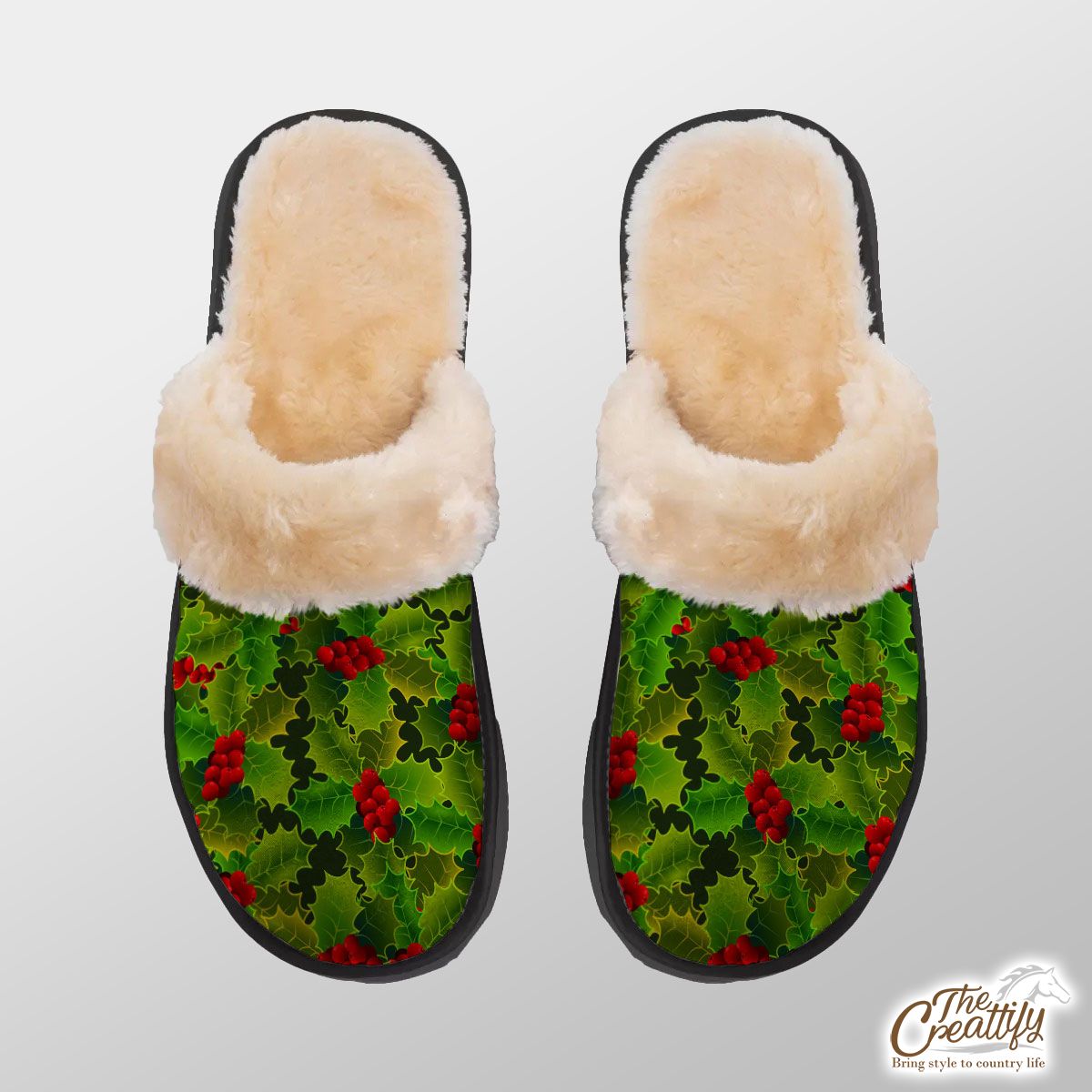 Holly Leaf, Oak Leaf Holly, Holly Berries Home Plush Slippers