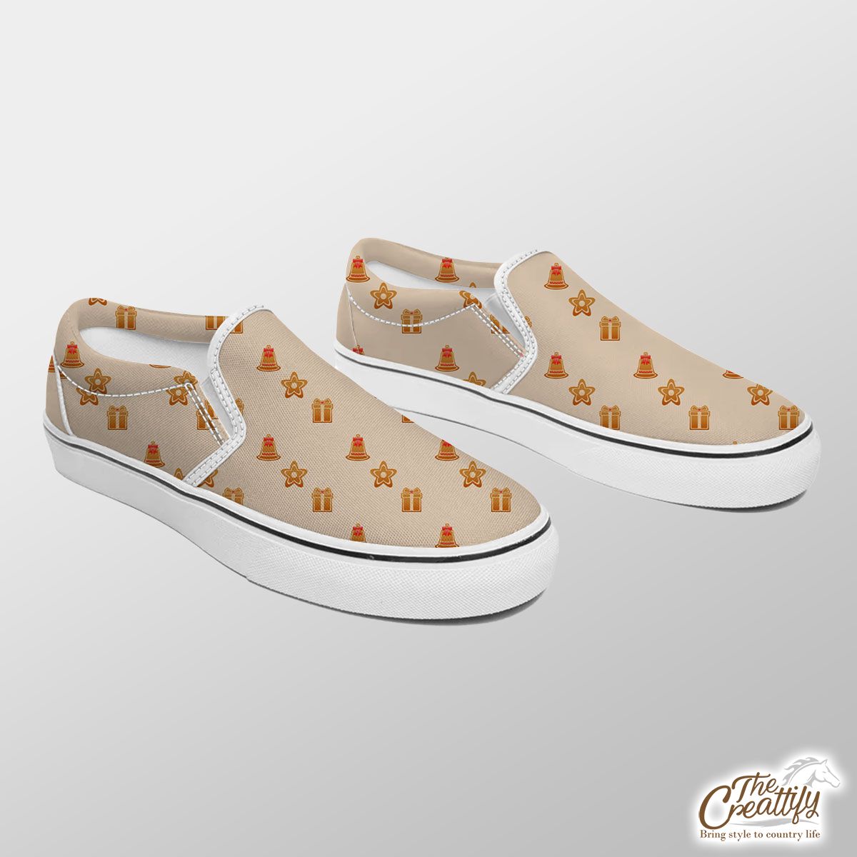 Christmas Pattern With Bells And Christmas Gift Slip On Sneakers
