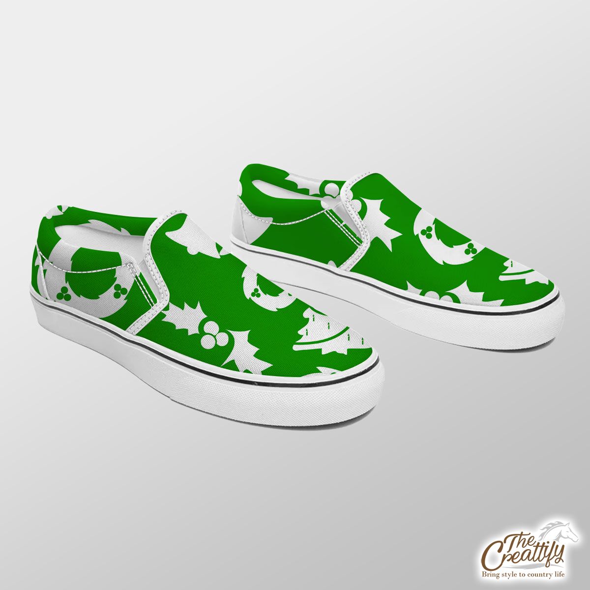Christmas Wreath, Holly Leaf, Pine Tree And Bells On Green Slip On Sneakers