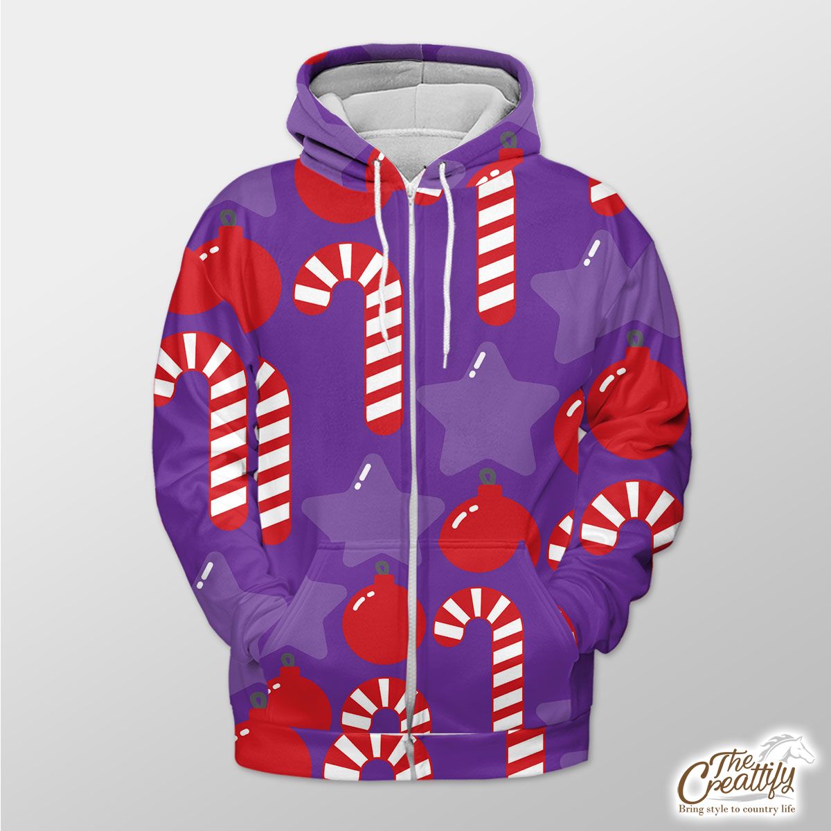 Candy Canes, Christmas Star, Christmas Balls Zip Hoodie