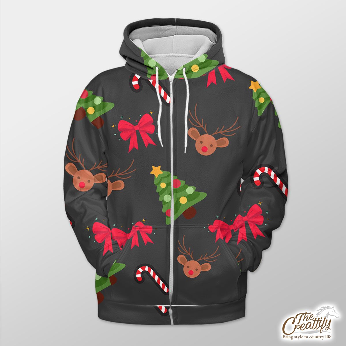 Christmas Tree, Candy Canes, Bow And Reindeer Zip Hoodie