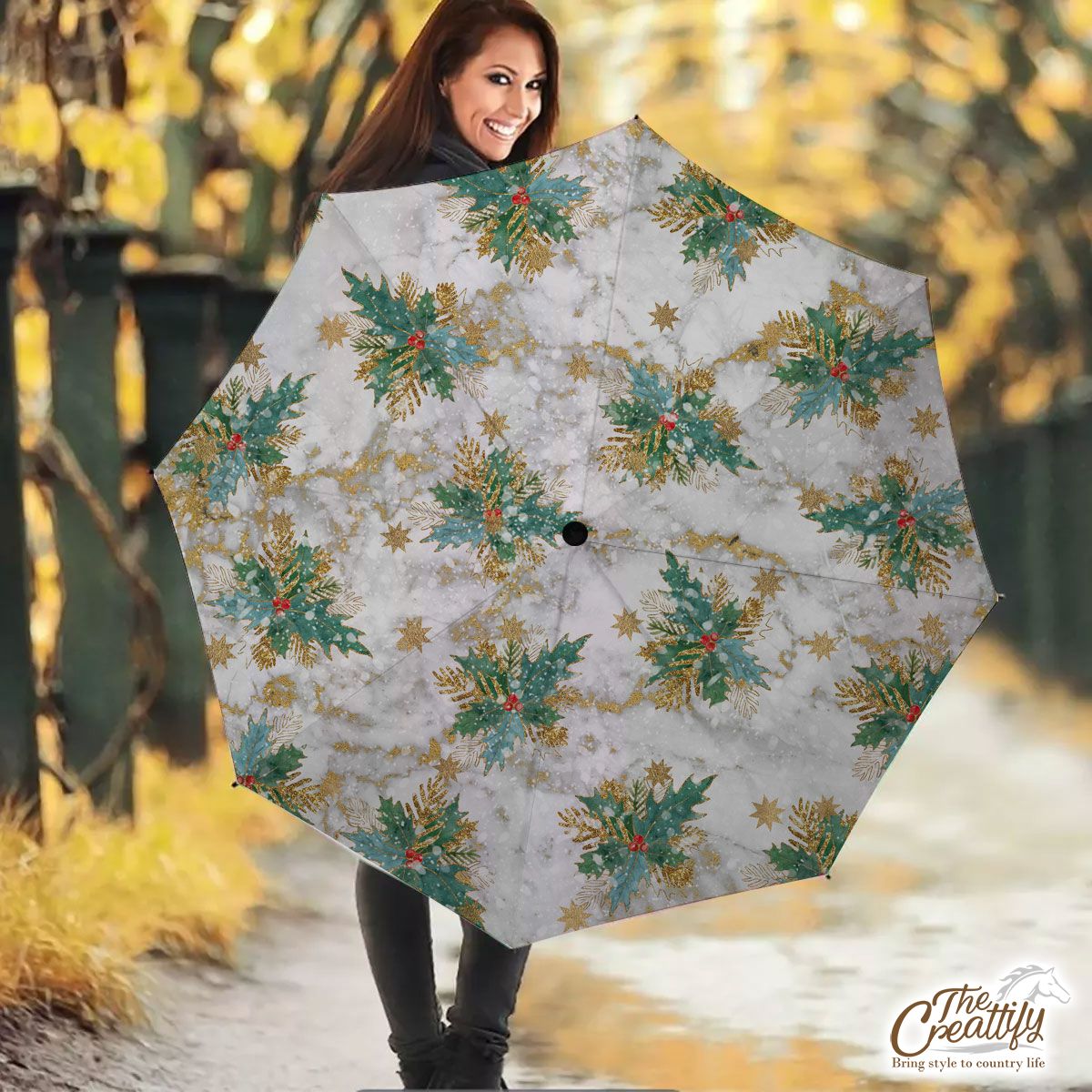 Holly Leaf With Christmas Star Marble Background Umbrella
