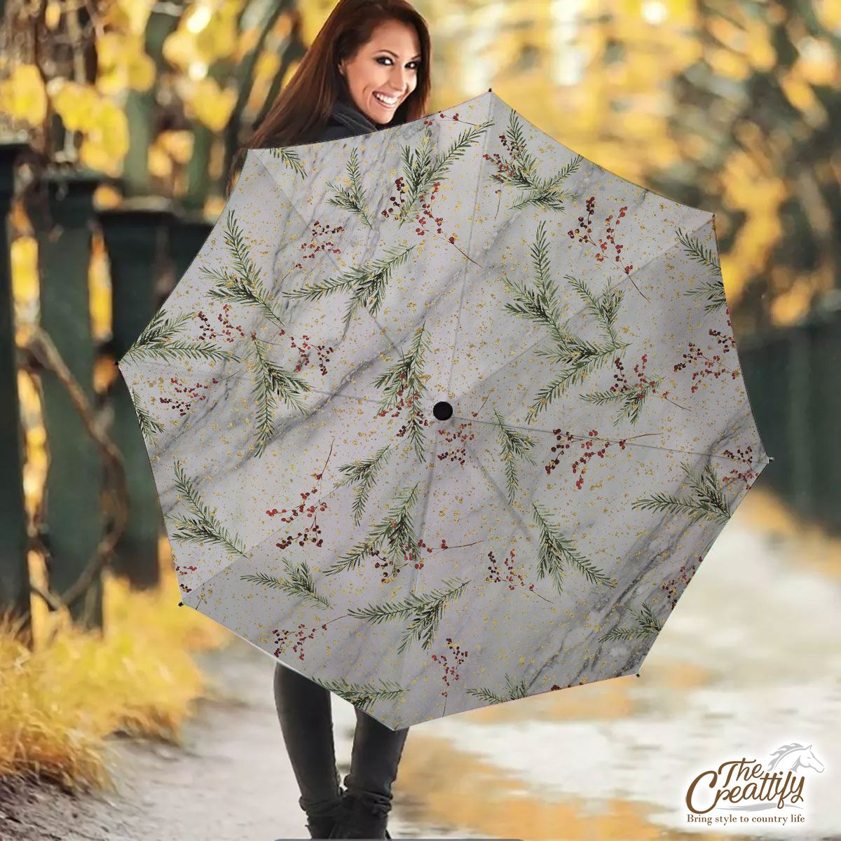 Red Berries With Pine Twig Pattern Umbrella