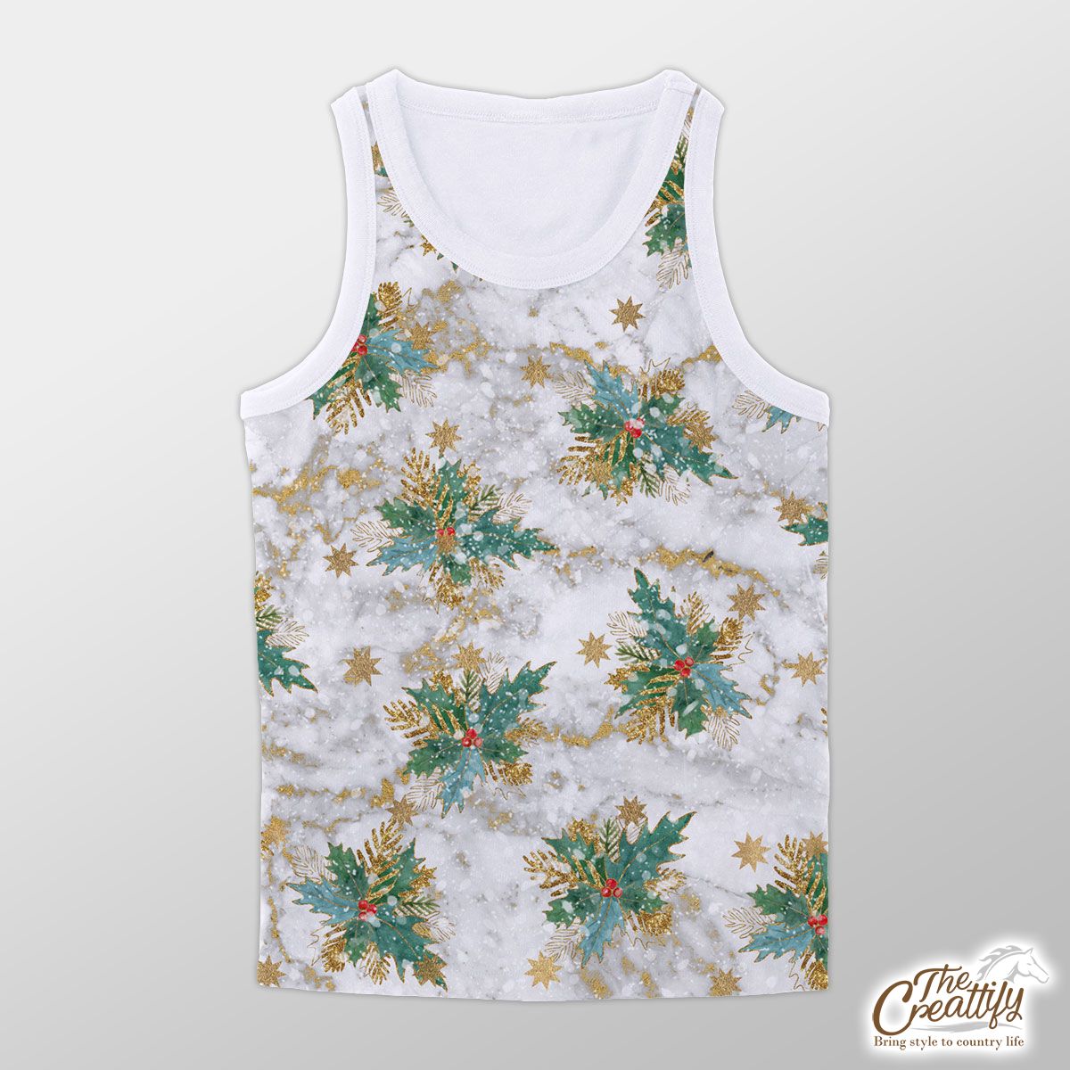 Holly Leaf With Christmas Star Marble Background Unisex Tank Top