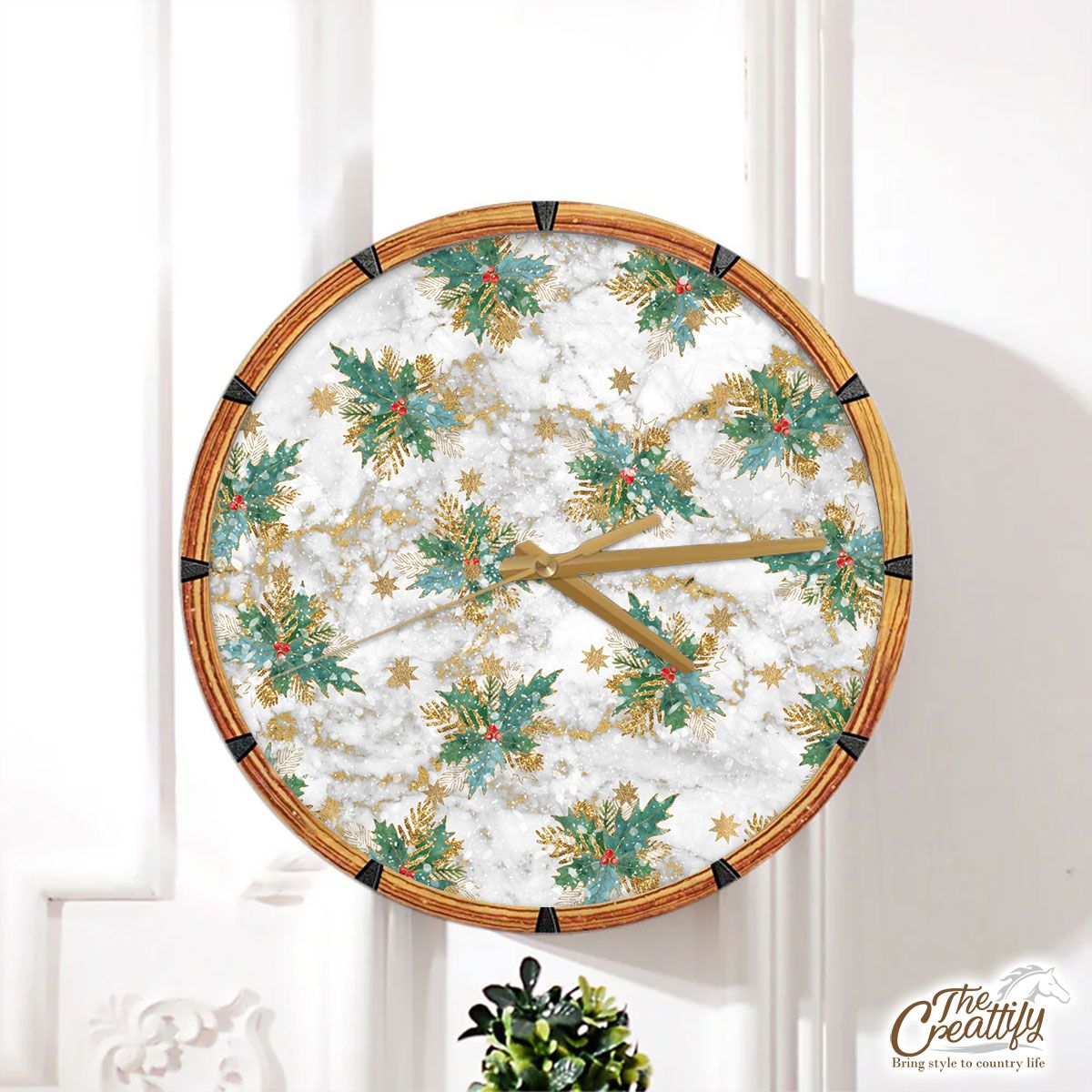 Holly Leaf With Christmas Star Marble Background Wall Clock
