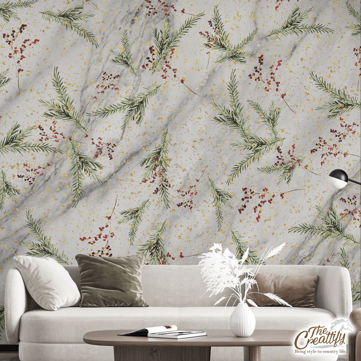 Red Berries With Pine Twig Pattern Wall Mural