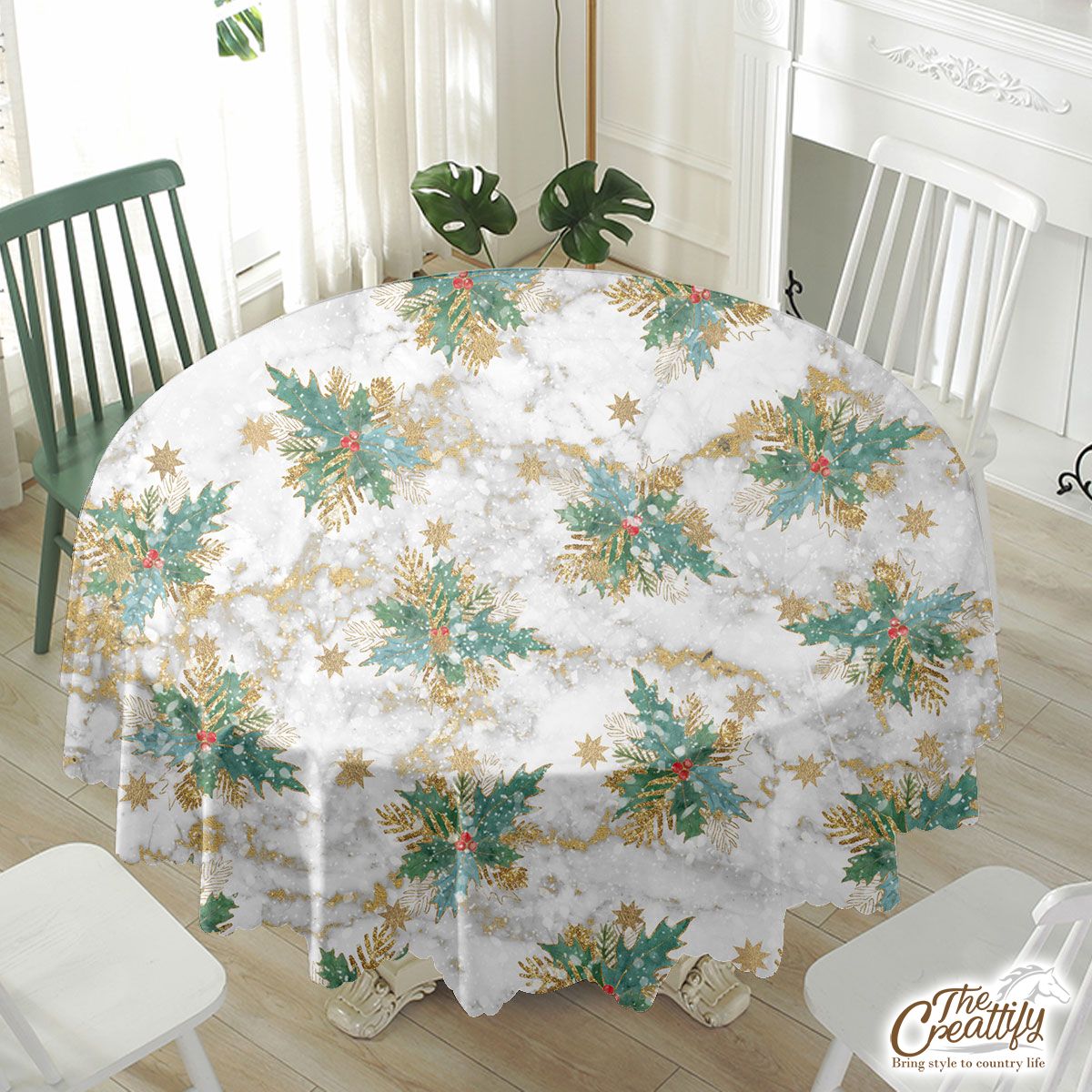 Holly Leaf With Christmas Star Marble Background Waterproof Tablecloth