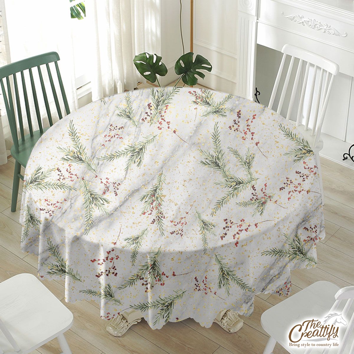 Red Berries With Pine Twig Pattern Waterproof Tablecloth