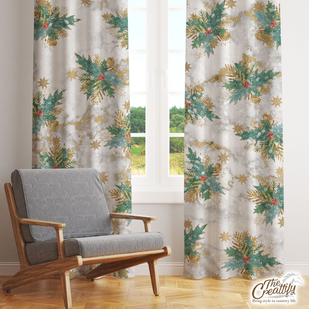 Holly Leaf With Christmas Star Marble Background Window Curtain
