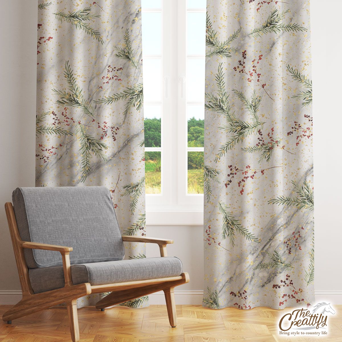 Red Berries With Pine Twig Pattern Window Curtain