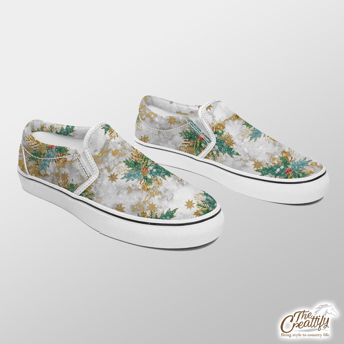 Holly Leaf With Christmas Star Marble Background Slip On Sneakers