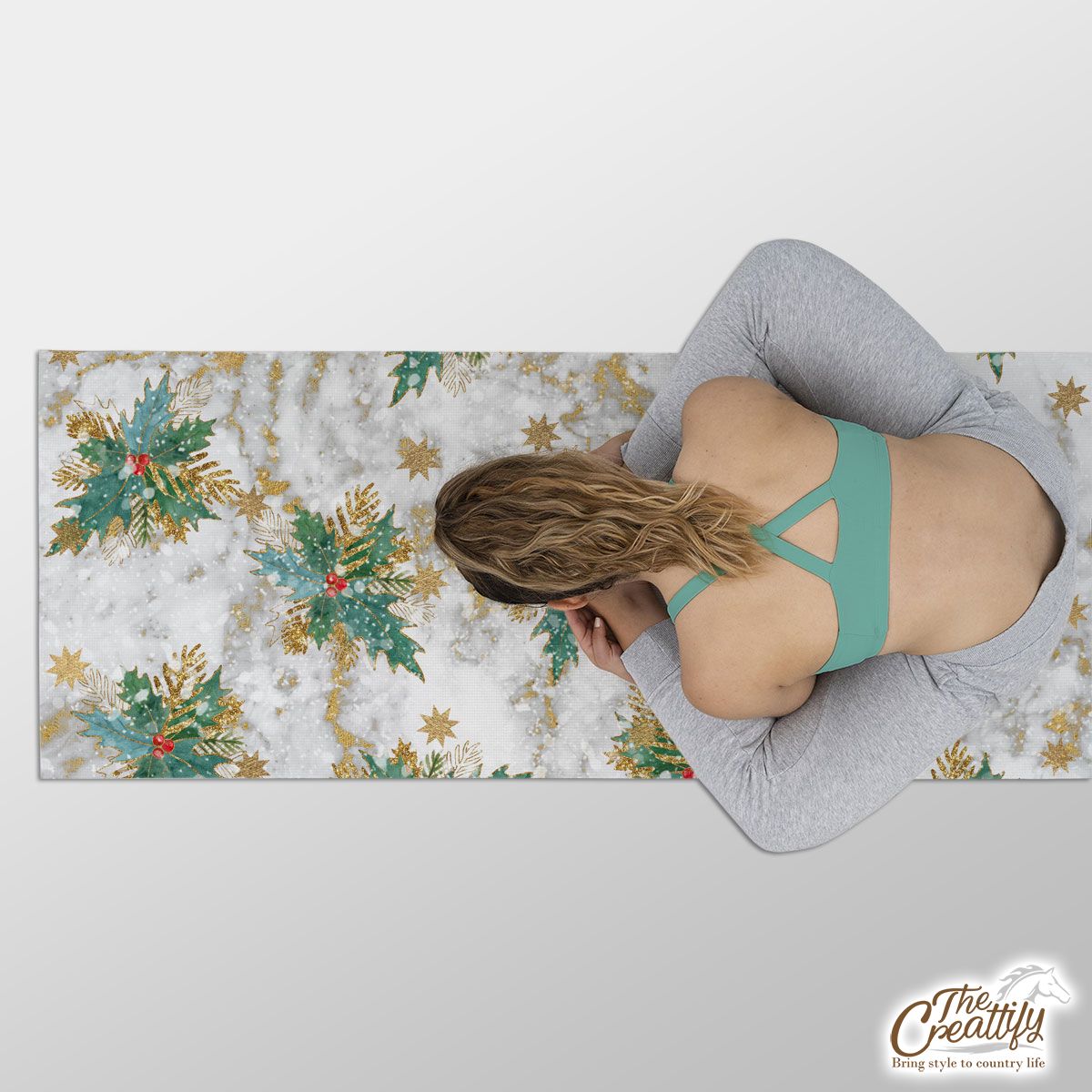 Holly Leaf With Christmas Star Marble Background Yoga Mat