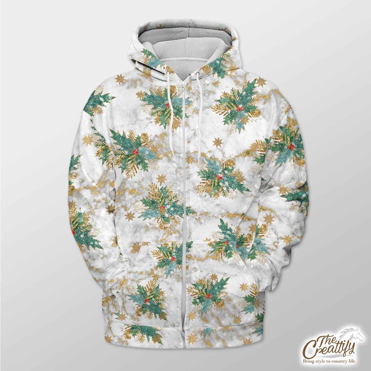 Holly Leaf With Christmas Star Marble Background Zip Hoodie