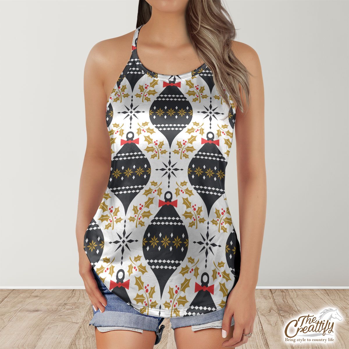 Holly Leaf And Christmas Balls Pattern Criss Cross Tanktop