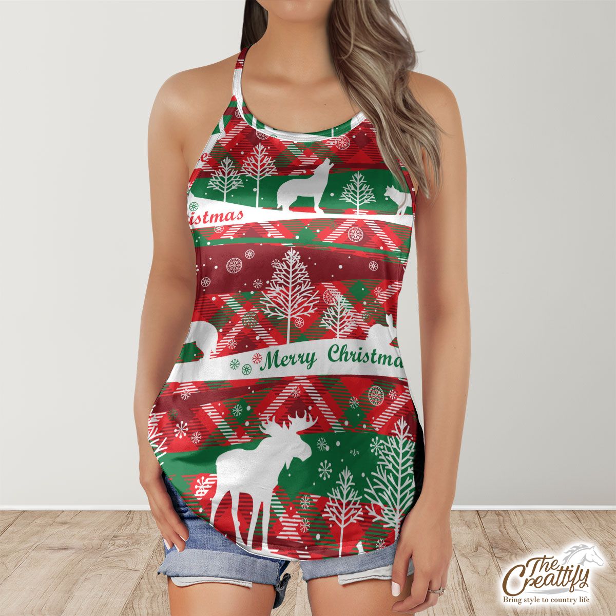 Moose With Merry Christmas Wishes Criss Cross Tanktop