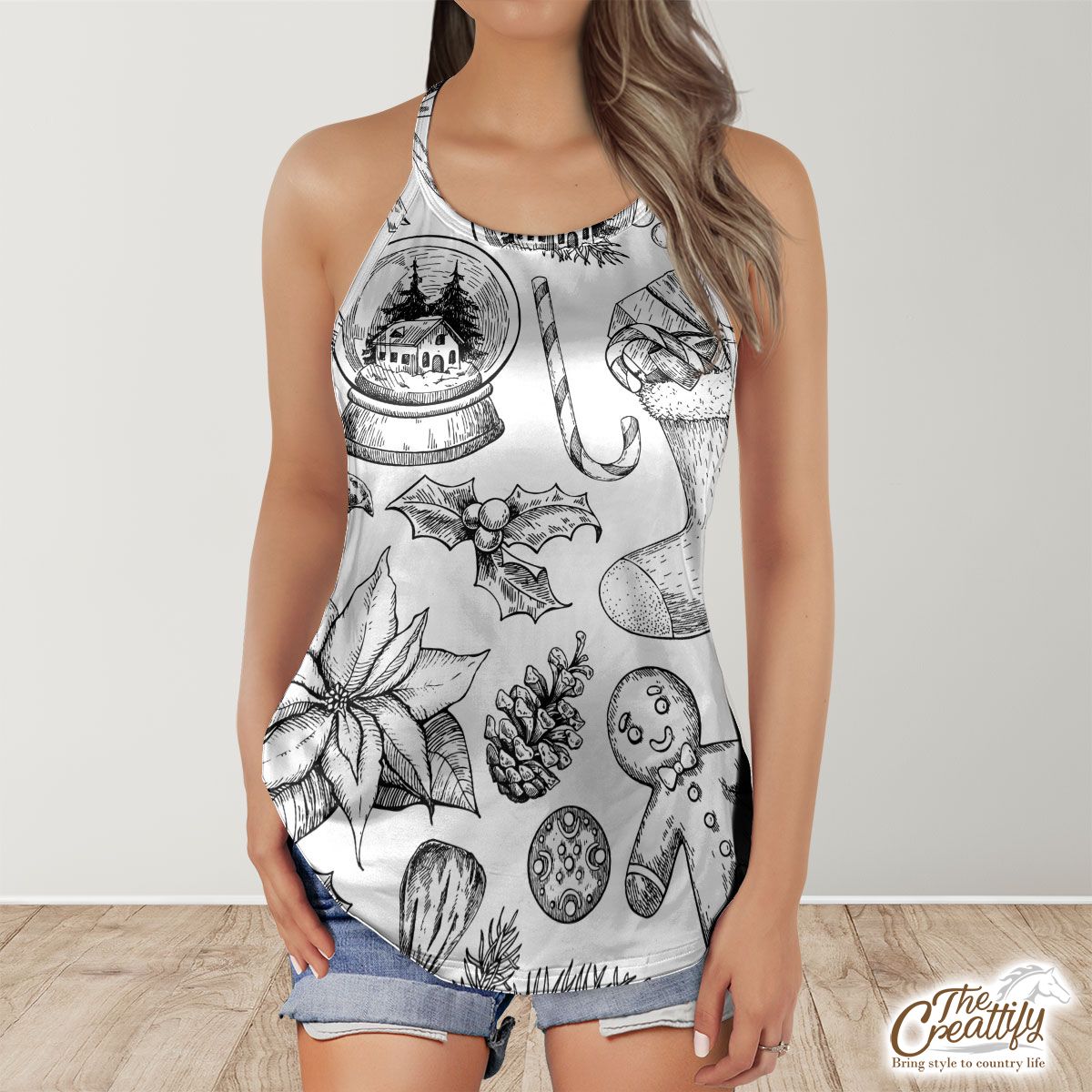 Snowglobe, Candy Cande, Gingerbread Man And Holly Leaf Pattern Criss Cross Tanktop