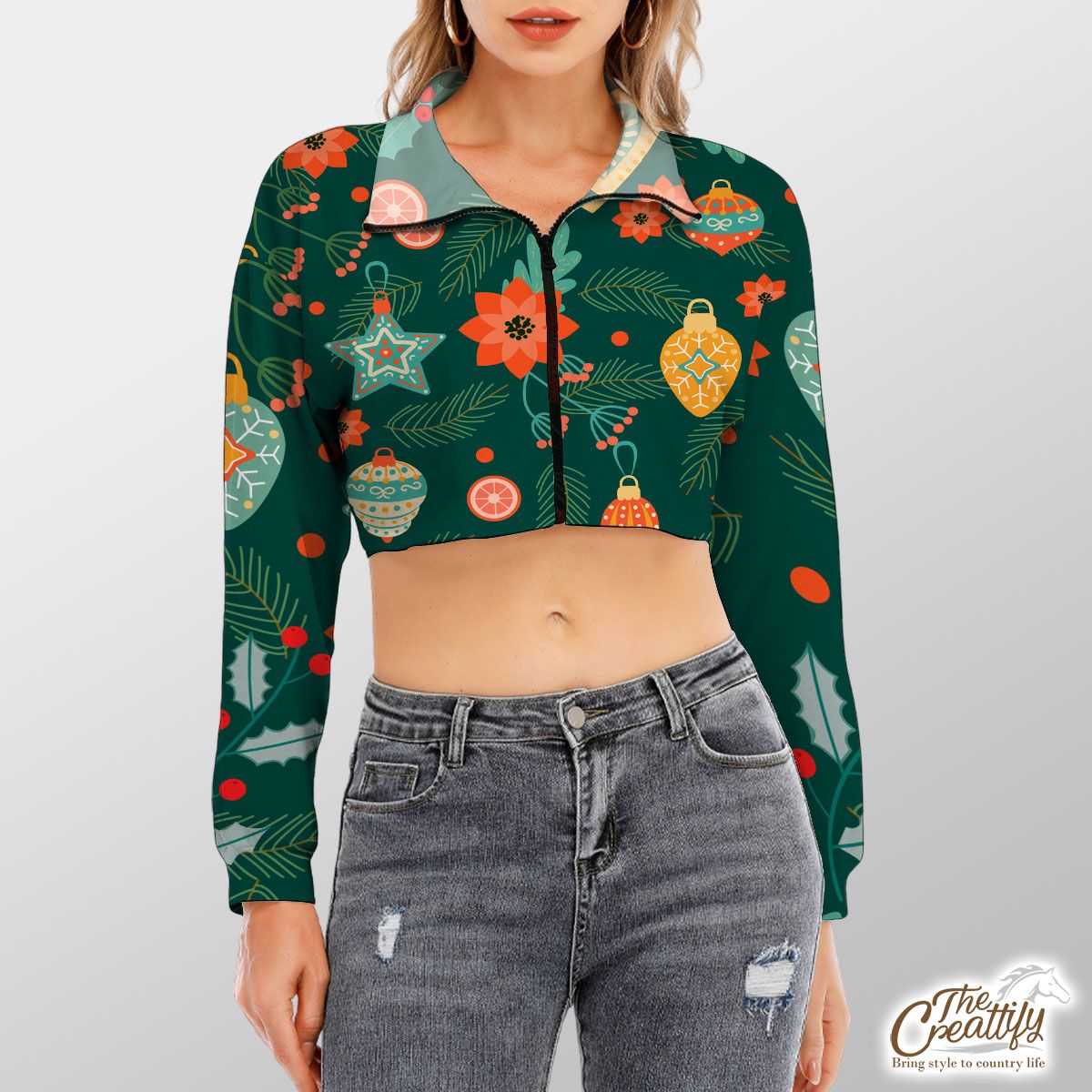 Christmas Balls With Pine Branch Cropped Long Sleeve Sweatshirt