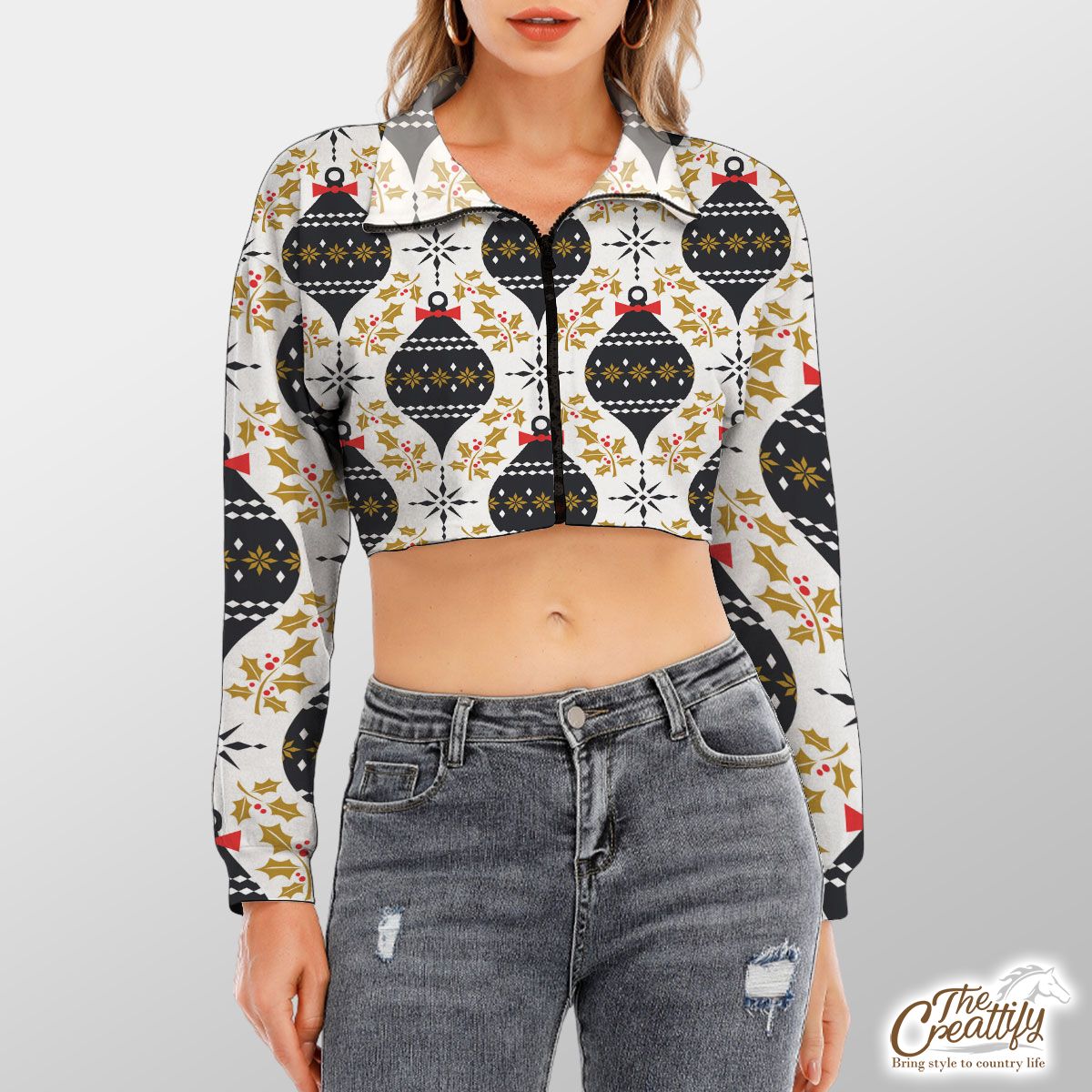 Holly Leaf And Christmas Balls Pattern Cropped Long Sleeve Sweatshirt