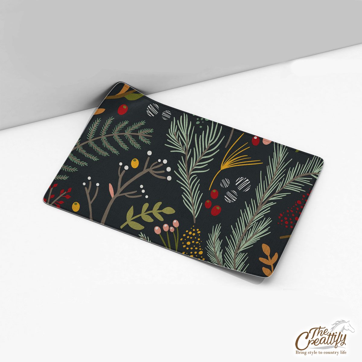 Pine Branch With Red Berries Pattern Desk Mat