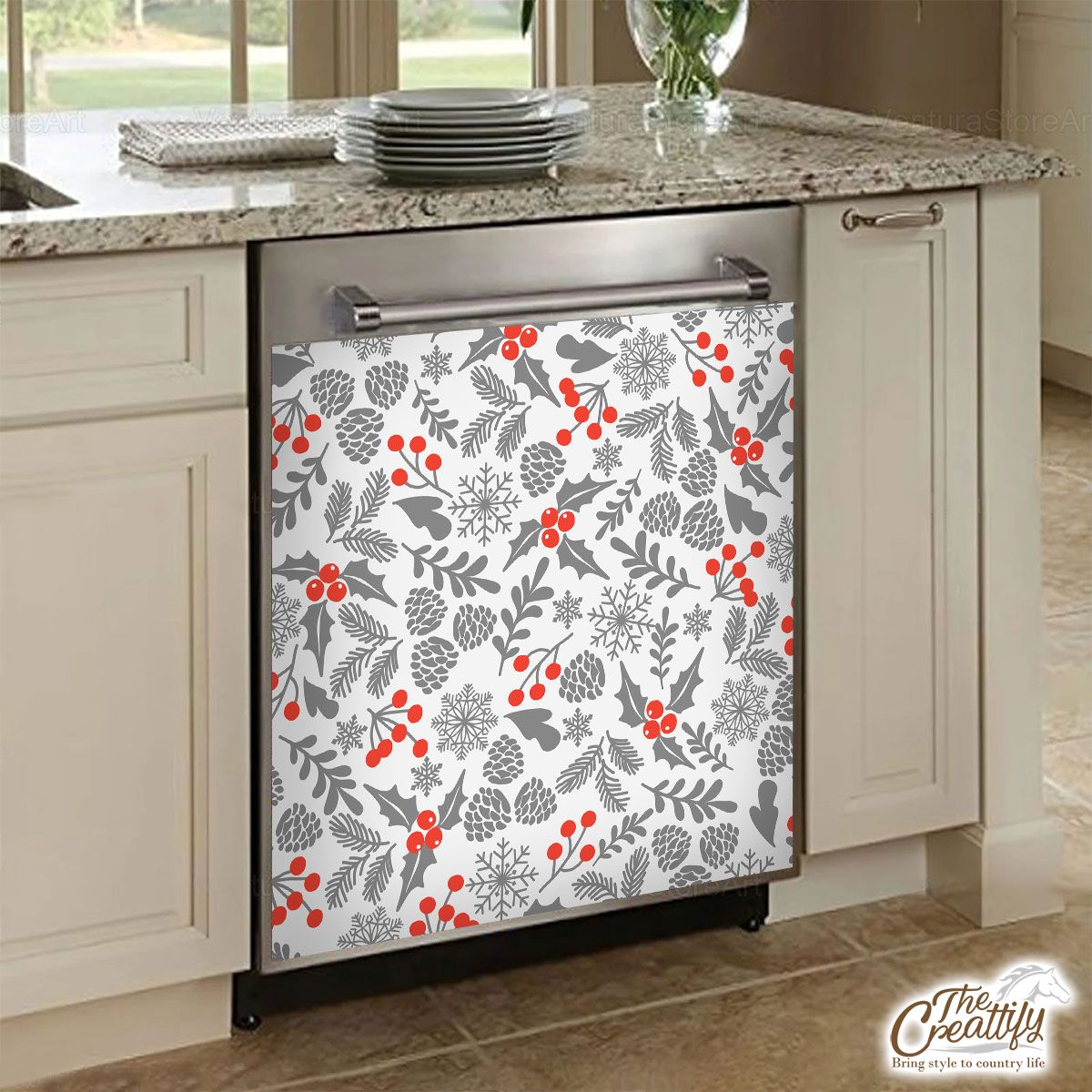 Holly Leaf With Red Berries And Pine Cone Pattern Dishwasher Cover