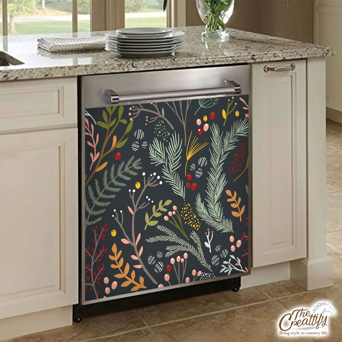 Pine Branch With Red Berries Pattern Dishwasher Cover
