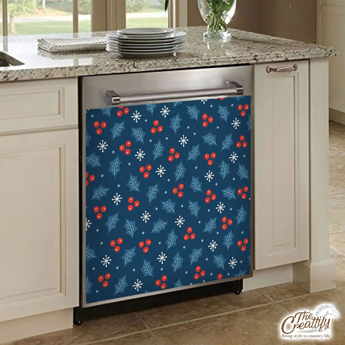 Snowflake And Holly Leaf Pattern Dishwasher Cover
