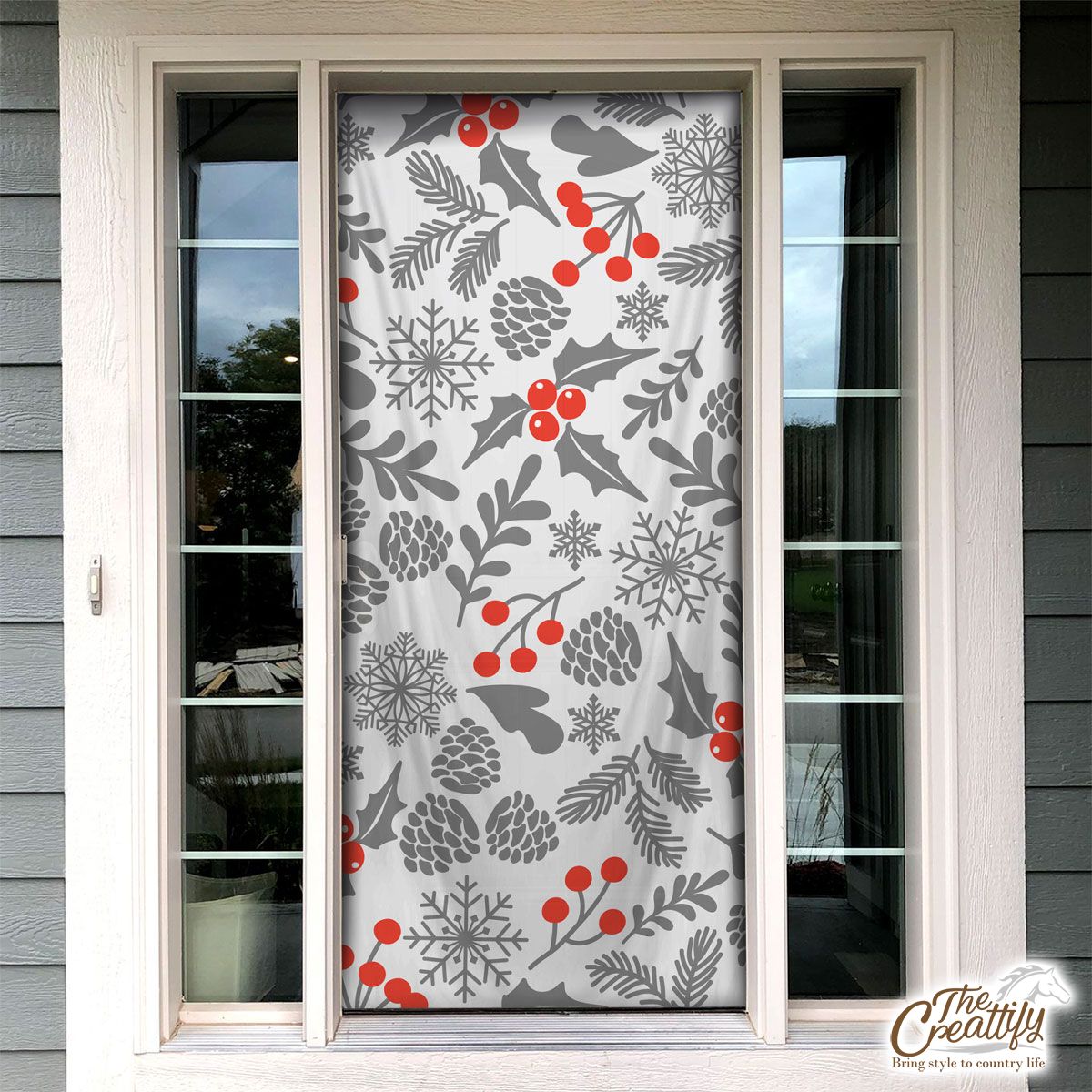 Holly Leaf With Red Berries And Pine Cone Pattern Door Cover