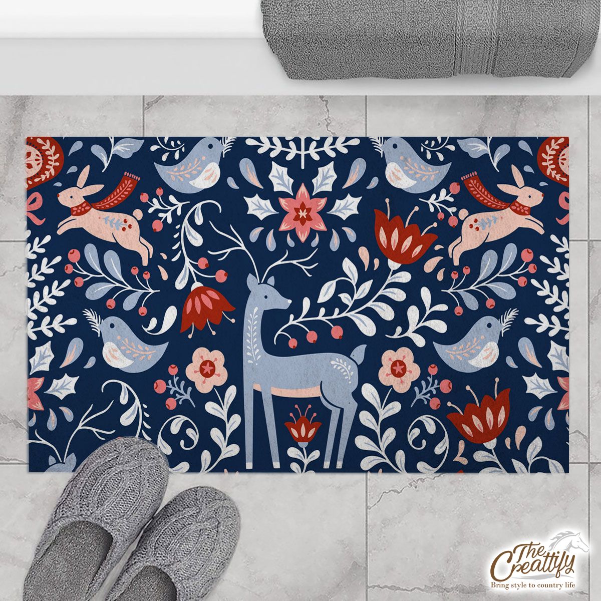 Deer, Bullflinch, Rabbit With Florals Doormat