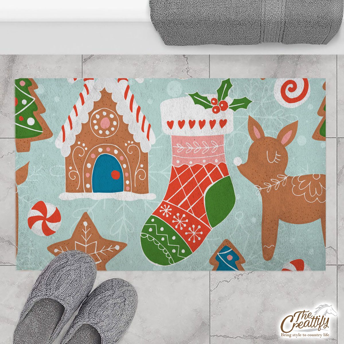 Gingerbread House And Christmas Socks Pattern Doormat